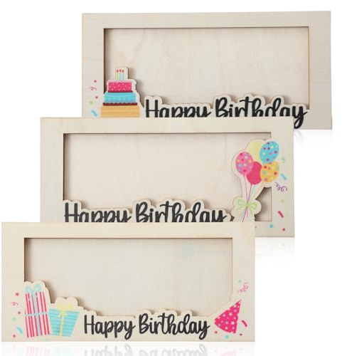 Lnngub Lot de 3 porte-billets d'anniversaire en bois pour cartes de vœux d'anniversaire - Porte-monnaie pour argent liquide, cadeau de bricolage pour fête