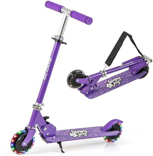 COSTWAY Patinete para Niños, Patinete con 2 Ruedas Intermitentesφ110 mm, Manillar Ajustable y Freno Trasero, Soporte y Correa de Transporte, Scooter LED para Niños Más de 3 Años, 50 kg (Violeta+)