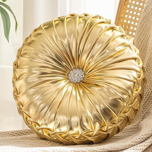 Fouriding Rundes Wurfkissen Kissen in Kürbisform Dekoratives Kissen mit plissiertem Design Rundes Kissen Kissen für Couch Sofabett (Gold)