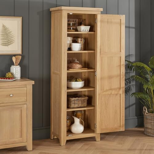 The Furniture Market | Cheshire Whitewash Oak | Single Shaker Kitchen Pantry Storage Cupboard | Tall Shaker Storage Cabinet | Adjustable Shelves & Hooks | Assembly Required | H 1800 x W 610 x D 410mm