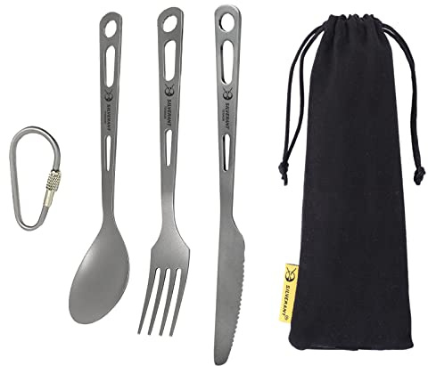 SILVERANT Titanium Cutlery Set, Lightweight Camping Utensils Combo Including Resuable Knife Fork Spoon for Travel & Home Office Flatware Set (213- Sandblasted)
