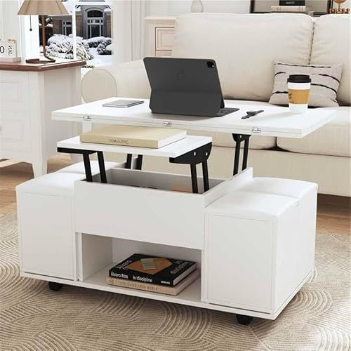 BTM Lift Up Coffee Table, Coffee Table With Storage, Lift-Top Sofa End Tea Tables for Living Room, White, 50x100x48cm