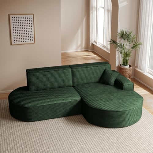 Kaiser Möbel - Ecksofa mit Schlaffunktion und Bettkasten, Wohnlandschaft L Form, Schlafsofa, Bequemes Couch mit Ottomane für Wohnzimmer und Jugendzimmer, Cordstoff, Modena Pro, Grün, Poso, Rechts