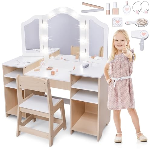 mamabrum Toeletta in Legno per Bambini con Specchio LED e Sedia – Tavolo Trucco Multiuso 2in1 per Gioco Creativo, Disegno e Organizzazione – Regalo Perfetto dai 3 Anni