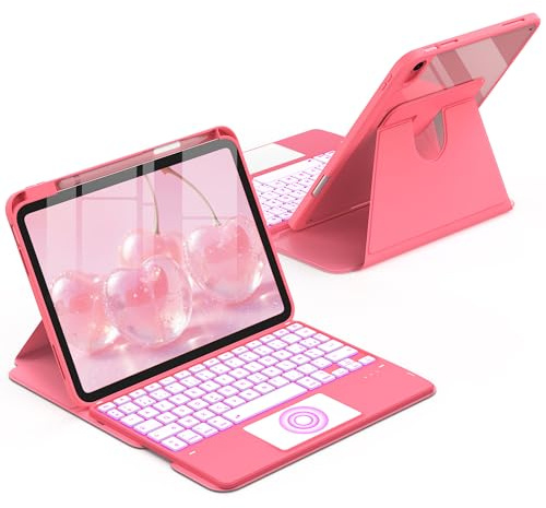 CACOE 360°Étui Clavier pour iPad A16 11/10 Génération avec Pavé Tactile | Étui Rotatif pour 2025/2022 11/10,9 Pouces avec Clavier AZERTY, Rétroéclairage 7 Couleurs Et sans Fil Détachable, Rose