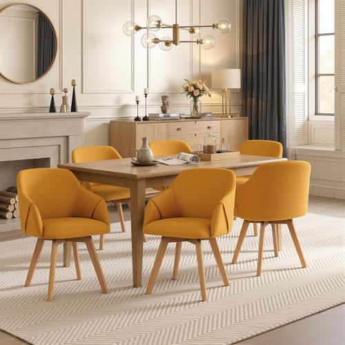 Bekrvio Lot de 6 chaises de Salle à Manger pivotantes à 360° avec accoudoirs, revêtement en Tissu, Pieds en Bois, Design mi-siècle, chaises de Cuisine, Confortables pour Salle à Manger et Salon