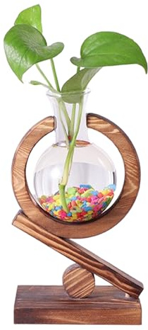 Plant Propagation Station, Desktop Hydroponics Air Planter Holder With 1 Bulb Beaker Glass Vase, Plant Terrarium With Wooden Stand, Desktop Retro Plants Terrarium Vase For Hydroponic Flowers (B)