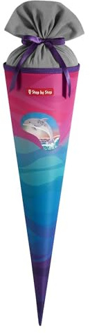 Step by Step Schultüte „Dolphin Lana“, blau-rosa, passend zum Schulranzen, aus recycelten PET-Flaschen, Verschluss aus Stoff, 5 l Füllvolumen, 70 cm Höhe