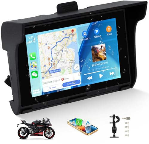 SIXWIN Carplay Motorrad Display mit Wireless Carplay & Android Auto – 5 Zoll HD Touchscreen, IP65 wasserdicht, Motorrad Navigationsgerät, Mirror Link, Bluetooth, EQ