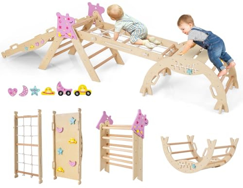 COSTWAY Triángulo de Escalada Interior, Estructura de Escalada Plegable con Arco de Escalar, Triángulo de Madera para Niños de 1+ año (Unicornio-4 Piezas,Natural)