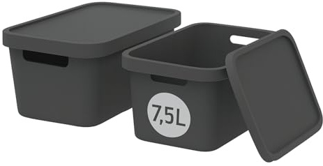 Plastard Aufbewahrungsbox mit Deckel 2er-Set 7,5 Liter in Anthrazit | BPA-Freie Ordnungsbox für Küche, Bad, Büro, Kinderzimmer, Robuste Stapelbare Kunststoffbox, 32 x 22 x 15 cm, Ordnungskiste