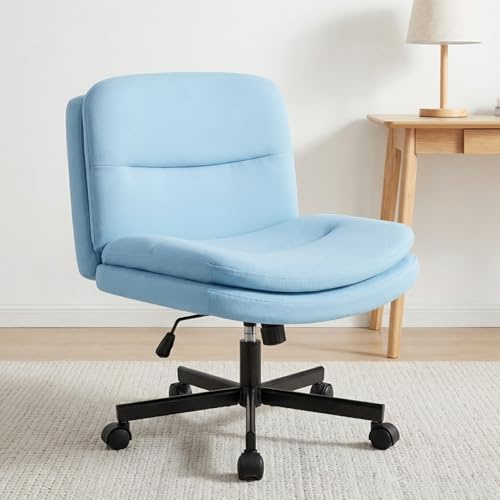 Waleaf Bürostuhl ohne Armlehne, Schneidersitz-Stuhl mit breiter Sitzfläche, Schminktisch Stuhl mit Rollen, Ergonomischer Höhenverstellbar Drehstuhl für Home Office Schlafzimme (Stoff, Blau)