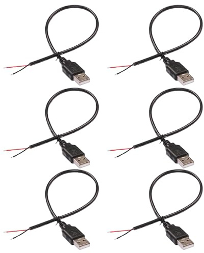 6 Stück USB-A Stecker, 30CM USB Pigtail Kabel 22 AWG Pigtails offenes Ende Stromkabel 2-adriges Offenes 3A 36V Lötbar Stromkabel Draht DIY Pigtail-Kabel für LED Beleuchtung Lüfter DIY Projekte