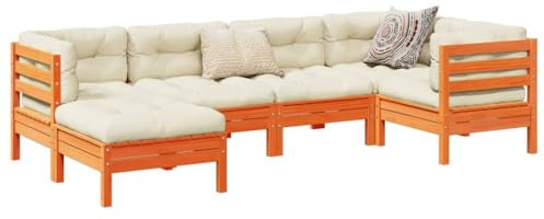 QUAHEAS Ensemble de 6 canapés de jardin modulaires en pin massif avec coussins crème - Marron cireux - 63 x 63 x 62,5 cm