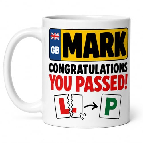SASSY SIPS Personalised Driving Test Passed Mug - Dual-Sided Design - Custom Name Number Plate -Congratulations You Passed Gift - White Ceramic 11oz - for New Driver Cup