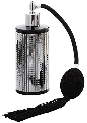 Ballpumpe Quaste Zerstäuber Diva m. Silber Pailletten Spiegeln, Kosmetex Glas Parfüm-Flakon, 100 ml Parfümzerstäuber, Silber