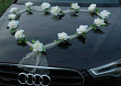 Organza Herz Auto Schmuck Braut Paar Rose Deko Dekoration Autoschmuck Hochzeit Car Auto Wedding Deko Girlande PKW (Ecru/Ecru)