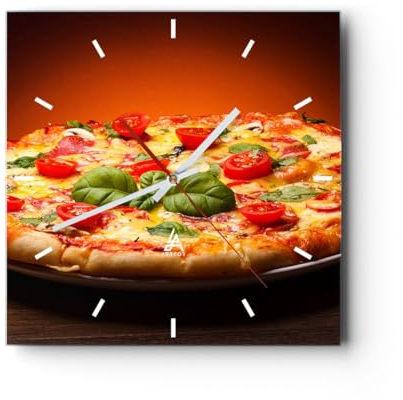 Modern Wanduhr Italien Pizza Tradition Essen 30x30cm Quadrat Klein Wand Uhr Glas Analog Zimmeruhren Küche Büro Wohnzimmer Glasuhr Wall Clock Dekoration Design Wanddekoration Küchenuhr C3AC30x30-2717