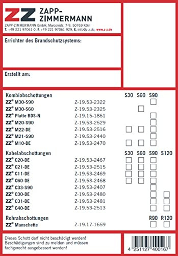 Zapp-Zimmermann Kennzeichnungsschild DE für Systeme nach abZ/aBG B16H00-0050 (Schottkennzeichnung DIBt) B x H x T: 150 x 105 x 1,2 mm/Material: Kunststoff/Farbe: rot/weiß/schwarz