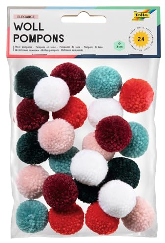 folia 50243 - Woll Pompons, Elegance, 24 Stück, sortiert in 6 Farben, ca. 3 cm Durchmesser, ideal für farbenfrohe Bastelarbeiten