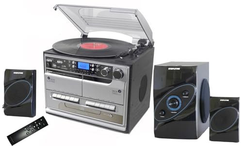 Steepletone BT SMC386 c Compact PRO, Bluetooth Retro Nostalgic 8 in 1 Music System, Remote, 3 speed Record Player, CD, Radio, RECORDING to USB/SD. TWIN Cassette, SubSonic Sub-Woofer Speaker System,BWS