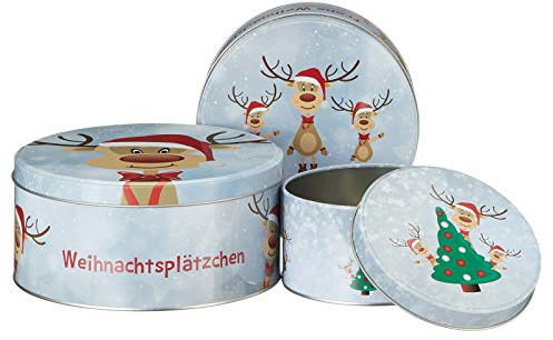 heimtexland ® Keksdosen Set 3-teilig Weihnachten Plätzchendose Gebäckdose Rund Rentier Red Nose Rudolph Typ658