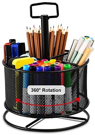 Marbrasse Mesh Desk Organiser,360-Degree Rotating Pen Holder,4 Compartments Desktop Stationary Organizer, Home Office Art Supply Storage Box Caddy(Black)