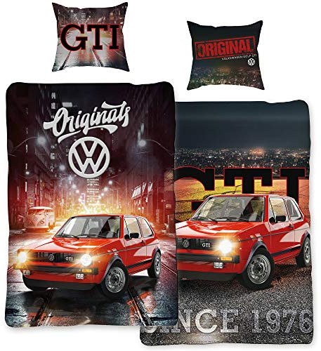 VW Volkswagen Golf Bettwäsche GTI Rot/Grau 135 cm x 200 cm + 80 cm x 80 cm Oldtimer 100% Baumwolle in Renforcé-Linon-Qualität Race Wörthsee Auto-Car 2 Motive Wendebettwäsche Reißverschluss 088