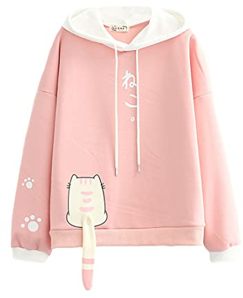 Himifashion Mädchen Kawaii Hoodie Cute Cat Print Pullover Sweatshirt Teens Japanese Style Loose Casual Hooded Tops, rose, 38, HM-576
