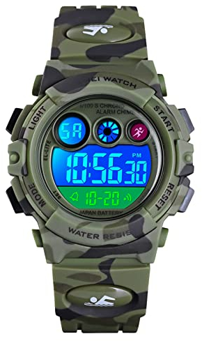 HMJIA Digital Uhren für Kinder 5ATM Sports Digitaluhr für Jungen Kinder Silikon Armbanduhr mit Datum/Wecker/LED/Stoppuhr/Stoßfes (Camouflage Grün)