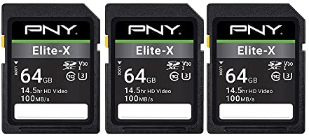 PNY 64GB Elite-X Class 10 U3 V30 SDXC Flash Memory Card 3-Pack - 100MB/s, Class 10, U3, V30, 4K UHD, Full HD, UHS-I, Full Size SD​