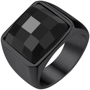 GoldChic Anillos Sello Cuadrado con Cristal Negro Azul 15mm Ancho, Anillo Buen Peso Sólido para Promesa Amistad