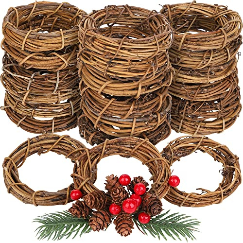 Ruisita 24 Stück Weinrebenkränze Rankenzweig Natürlicher Weihnachts-Rattan-Kranz Girlande Dekoration für Weihnachten Urlaub Handwerk oder Hochzeitsbedarf, 10,2 cm