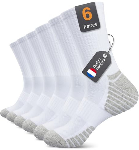 Alaplus Chaussettes Homme femme Sport Hautes Antidérapantes, Respirantes pour Randonnée, 6 Paires, Tailles (FR/ES, Numérique, 43, 46, Taille normale, Taille normale, CL01-blanc)