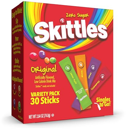 Singles To Go! Skittles Drink Mix, Original Variety Pack, 30 Packets | WaterTok zero sugar and low calorie drinks mix, hydration packets include 4 original flavors, 1 box (30 single servings)
