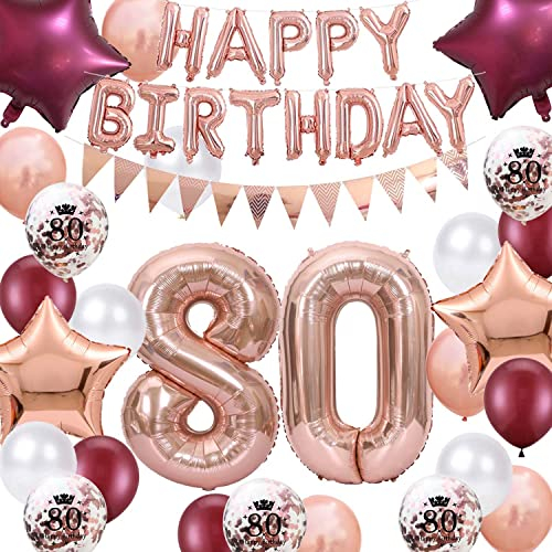 80. Geburtstag Dekorationen Weinrot Roségold für Frauen, Happy Birthday Ballon Wimpel Banner, Nummer 80 Luftballons, Wein Rot Star Folie Ballons für Mutter