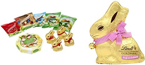 Lindt Schokoladen Oster Set | 894g | Inhalt: GOLDHASEN & Schokolade GOLDHASE | 100 g GOLDHASE | Weiße Premium Schokolade mit Erdbeerstückchen in Hasenform zu Ostern