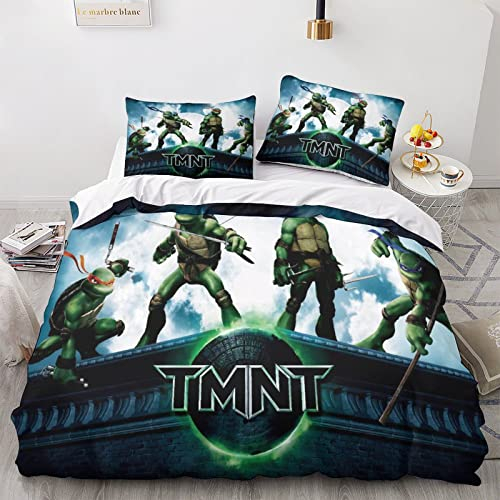 BIVEE Ninja Bettwäsche 3D Turtles Bettbezug Set Mit Reißverschluss Und Kissenbezug, Mikrofaser Bettwäsche Set 3 Teilig Für Erwachsene Kinder Double(200x200cm)