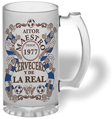 Bee Ingenious Jarra cerveza personalizada Maestro cervecero y de la REAL de cristal esmerilado con nombre y año personalizados Regalos para hombres. Regalos para padres, novios. (Maestro R.Sociedad)