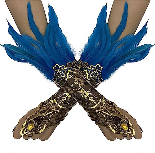 MoreChioce 1 Paar Vintage Federhandschuhe, Damen Feder Spitze Fingerlose Lange Handschuhe Federarmhandschuhe Armkette für Hochzeit Party Halloween,Seeblau