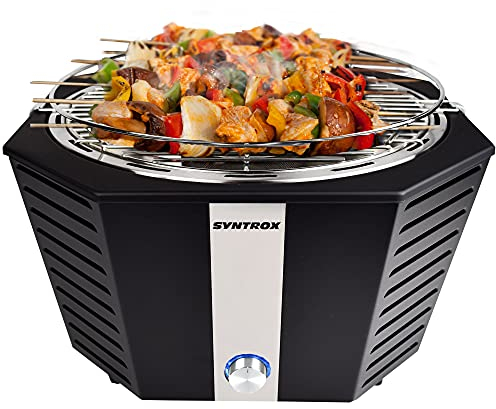 Syntrox Germany Holzkohlegrill Molami aus Edelstahl, Tischgrill, Elektrogrill, Inklusive Tragetasche, Batteriebetrieben, Grill für 6 Personen, Spülmaschinengeeignet (Schwarz)