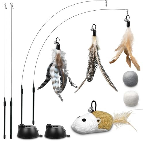 ROSAUI Cat Toys for Indoor Cats Adult Kittens, Interactive Cat Toys Set with Feather Wands, Mice, and Suction Cup Rods