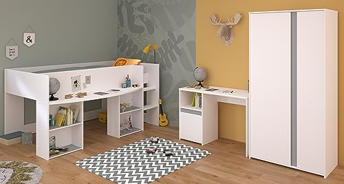 Parisot Jugendzimmer Pirouette 13 3teilig Weiß und Rosa/Kieselgrau mit Kleiderschrank, Hochbett und Schreibtisch…