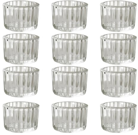 Tea Light Candle Holders Set of 12 - Tealight Holders Glass Bulk Votive Candle Holder Brown Ribbed Wedding Table for Decoration Living Room, Centerpiece, Wedding, Birthday Home Décor (Clear)