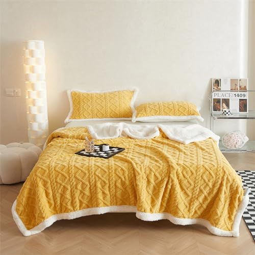 QOFLY Dicke Kuscheldecke Flauschig Gelb - 200x230 cm Extra Warme Decken für den Winter als XXL Sofadecke Couchdecke, groß Wohndecke aus hochwertige Sherpa Fleece, Soft Weich Blanket
