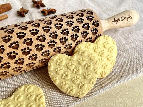 Nudelholz PFOTE- HERZ für hausgemachtes Gebäck. Teigroller für Teig & Plätzchen, Kuchen & Gebäck. Gravierte Nudelholz mit Muster von Algis Crafts