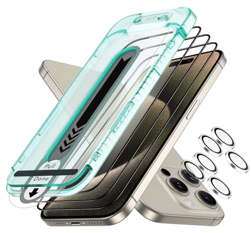 ESR iPhone 15 Pro Max Armorite Displayschutzfolien-Set, extrem robustes gehärtetes Glas, Rahmen für einfache Anbringung, 3 Stück mit 2 Sätze individuellem Kamera Schutz