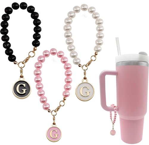 Rykitop 3PCS Letter Charm Accessories for Stanley Cup Initial Name Personalized Charm with Pearl Style Chain for 30&40 oz Stanley Tumbler, Acrylic Alloy, acrylic