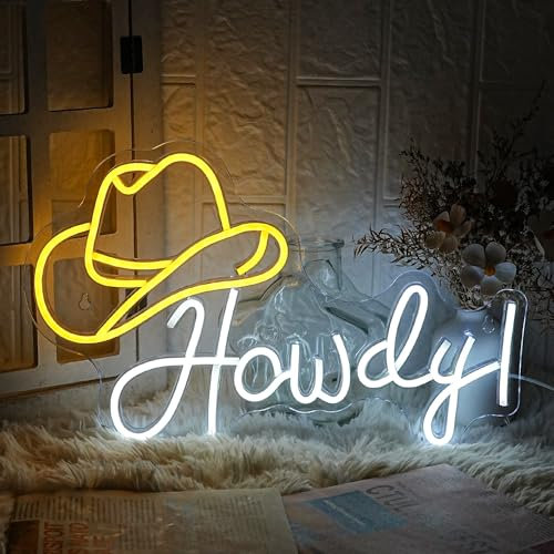 LMSIGNLY Cowboy Hat Neon Sign Howdy Cowboy Neon Signs Cool LED Neon Lights Dimmable Neon Signs USB Powered for Gameroom, Man Cave Beer Bar Cafe Recreation Room(Yellow White)