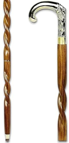 Antique Spiral Brown Wooden Walking Stick with Silver Brass Designer Parrot Handle Walking Wooden Cane for Gift Men & Women